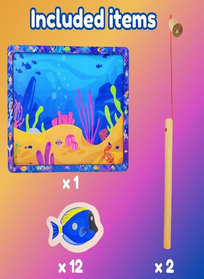 PLUSPOINT 15 Pieces Wooden Magnetic Fishing Game for Kids 12 Fishes 2 Stick 1 Pool Tray Magnet Fish Game Wooden Magnetic Fishing Toys for Kindergarten Preschool Kids Girl Boy (Fish Tray) - Image 5